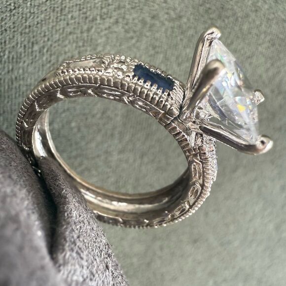 Large Princess Cut CZ Ring with Blue Accent Stones – Size 8 Bold Glam Look - Picture 3 of 17
